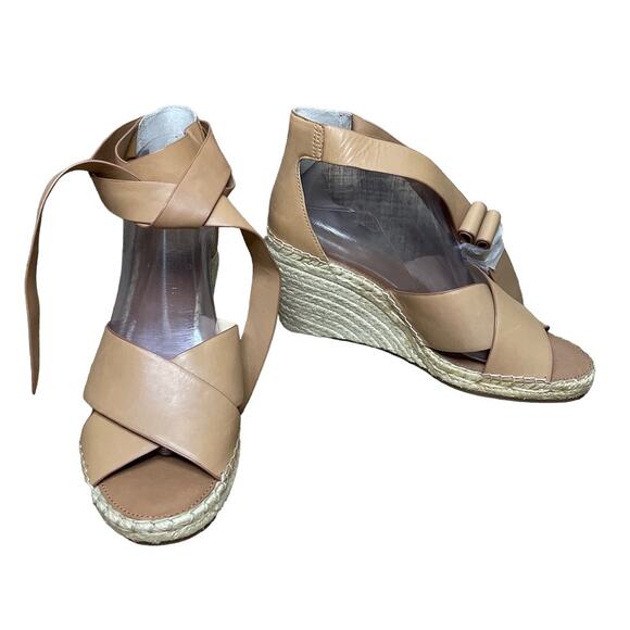 Vince Camuto Leddy Wedge Espadrille Ankle Wrap Sandals Tan Leather SZ 10 - Picture 1 of 12